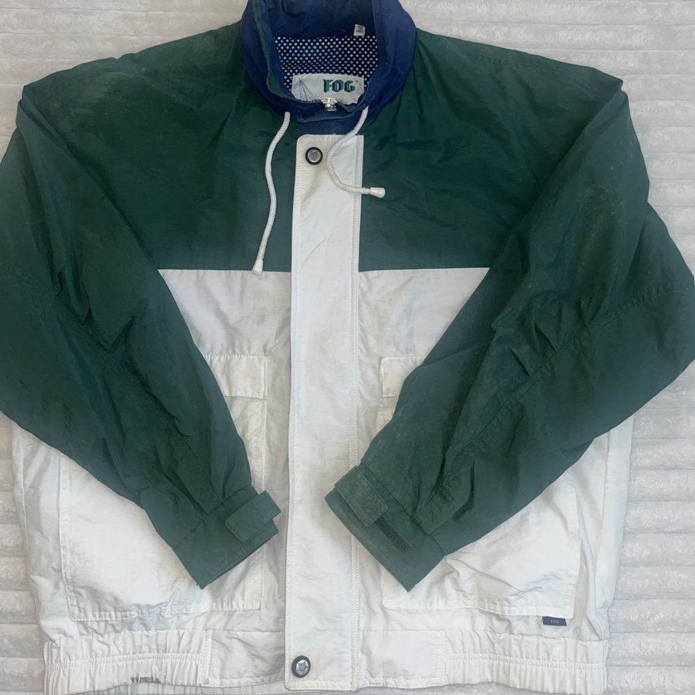 VTG London Fog Windbreaker Mens L Green White Colorblock Hooded Gorpcore